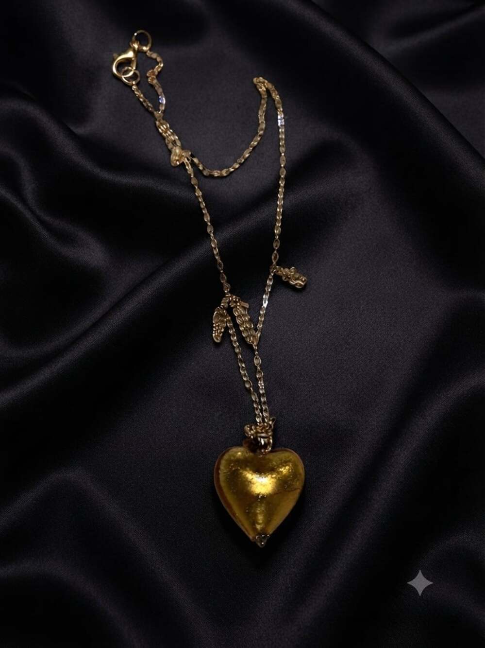 Vintage Murano Glass Heart Pendant With Gold Chain